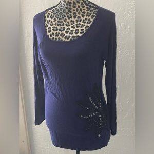 SAKS FIFTH AVENUE Womens Size L Long Sleeve Shirt Top crystal studded Navy Blue
